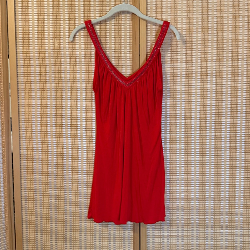 Dating Clothing Red Beaded V-Neck Camisole Tank Top Lettuce Hem Style 9090 L